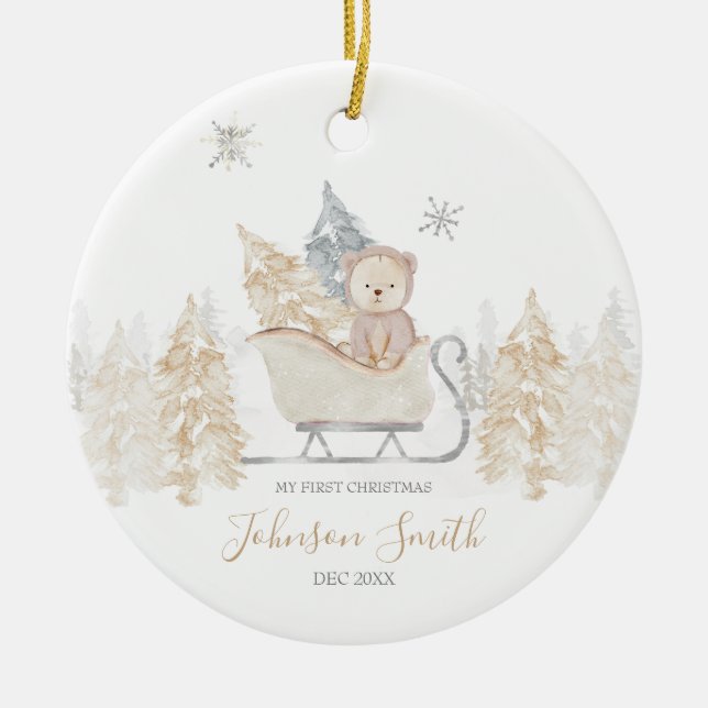 Ornamento De Cerâmica Primeiro Natal - Urso Branco-Cinto-Branco (Frente)