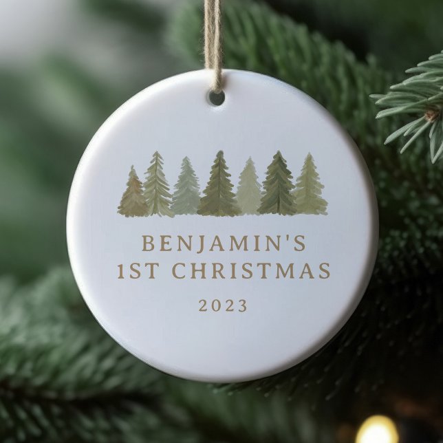 Ornamento De Cerâmica Primeiro Natal Woodland Pine Treine Baby Stats (Criador carregado)