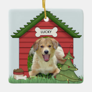 Ornamento De Cerâmica Primeiro Nome e Ano da Foto da Casa de Cachorro de