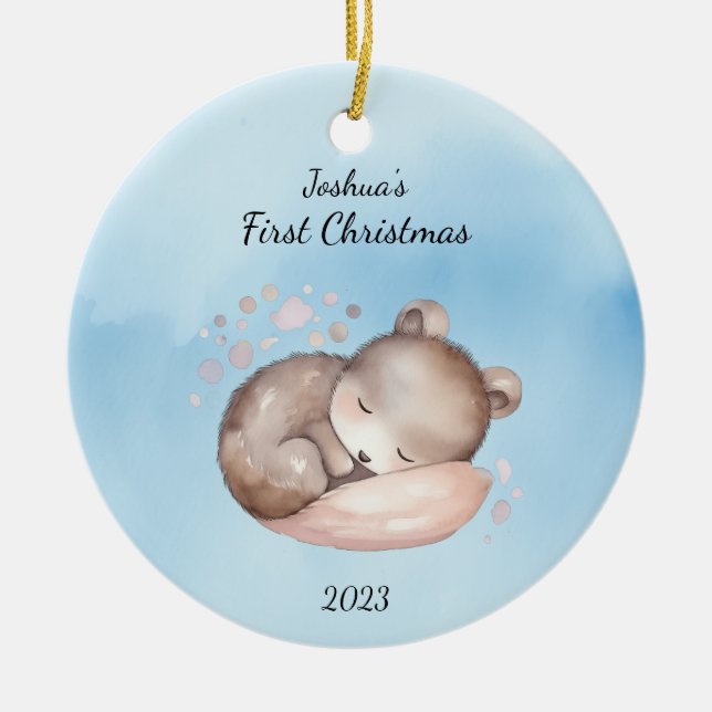 Ornamento De Cerâmica Primeiro Urso de Natal Personalizado (Frente)