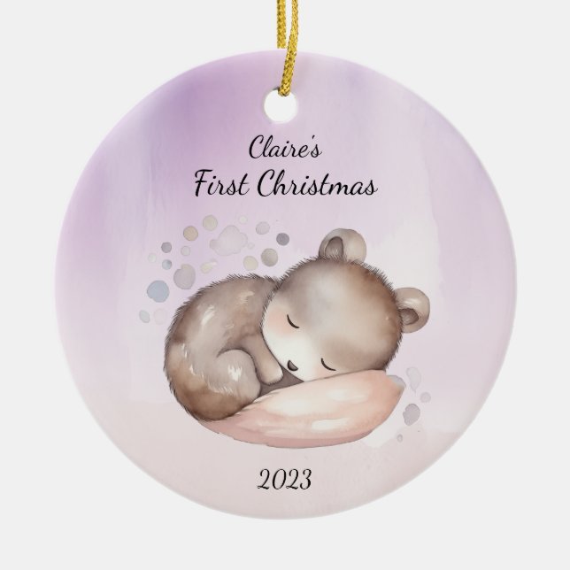 Ornamento De Cerâmica Primeiro Urso de Natal Personalizado do Bebê (Frente)