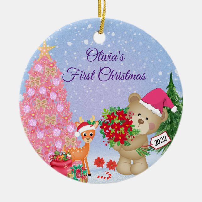Ornamento De Cerâmica Primeiro Urso de Natal Personalizado do Bebê (Frente)