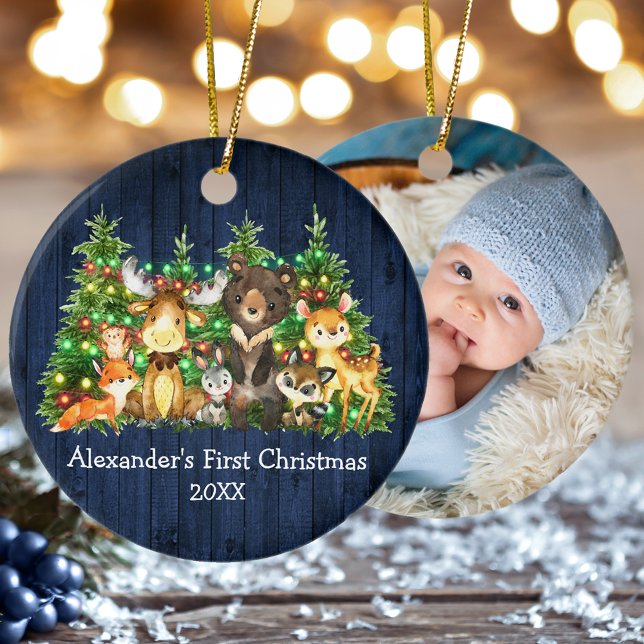 Ornamento De Cerâmica Primeiros Animais da Floresta de Natal Luz Azul FO (Customize with name, year and photo on back.)
