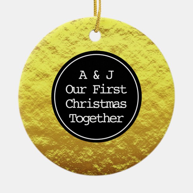 Ornamento De Cerâmica Primeiros Monogramas de Natal Faux Golden Foil (Frente)