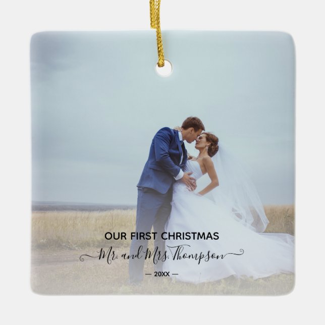Ornamento De Cerâmica Primeiros Newlyweds do Script de Assinatura de Fot (Frente)