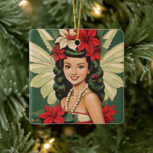 Ornamento De Cerâmica Princesa do Natal Tropical Retro dos Anos 50