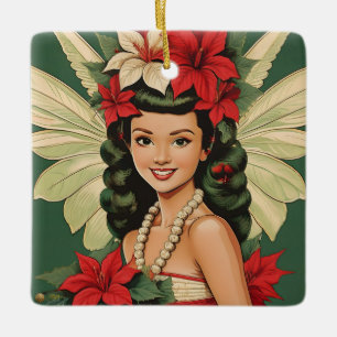 Ornamento De Cerâmica Princesa do Natal Tropical Retro dos Anos 50