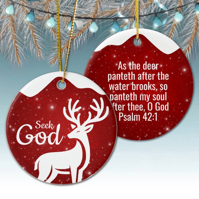Ornamento De Cerâmica Procure a Deus Feriado Religioso  ⛪️ 🎄 (Editable Seek God, Scripture Festive Reindeer Gospel Ceramic Ornament Red Berry Deer Psalm 42:1 🦌✞)