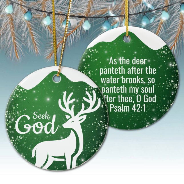Ornamento De Cerâmica Procure Deus Feriado Religioso  ⛪️ 🎄 (Customizable Seek God, Bible Verse Festive Reindeer Devotional Ceramic Ornament Green Psalm 42:1 🦌✞)