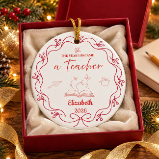 Ornamento De Cerâmica Professor de Natal Minimalista Vermelho Nome Perso