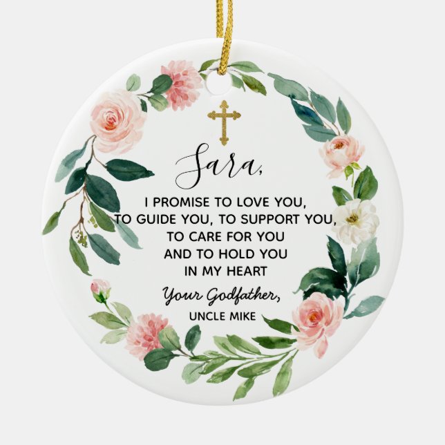 Ornamento De Cerâmica Promessa Floral Personalizada do Padrinho a Deus (Frente)