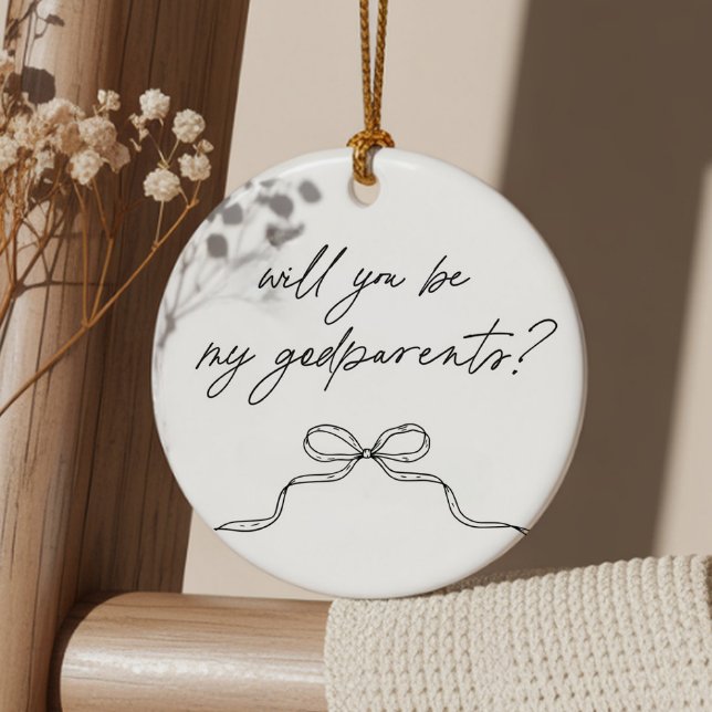 Ornamento De Cerâmica Proposta de Padrinhos com Arco Escrito à Mão (Zazzle Godparents Handwritten Bow Proposal Ceramic Ornament (Front))