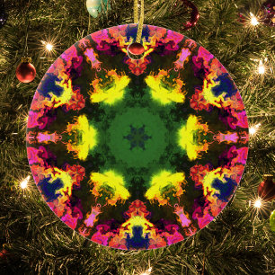Ornamento De Cerâmica Psicodélica Flor de Mandala, Cor-de-rosa, amarelo