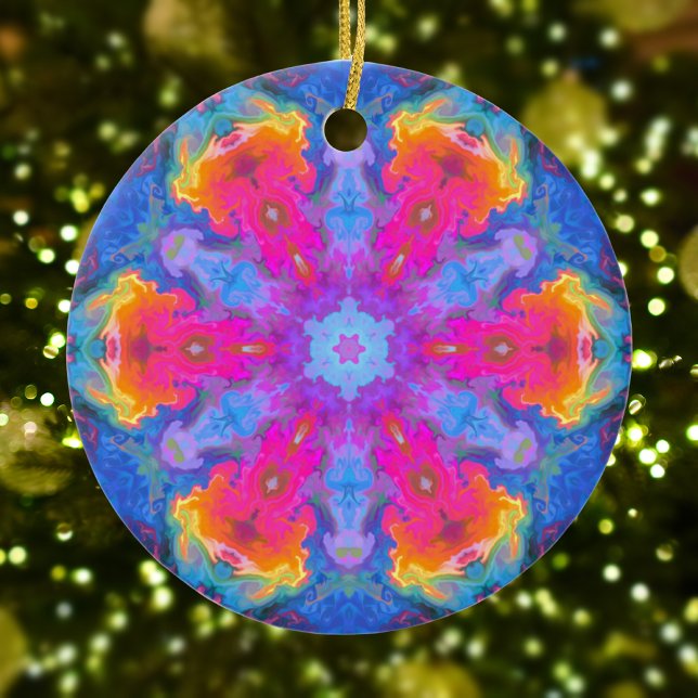 Ornamento De Cerâmica Psicodélica Flor Hipoteca Rosa Amarelo e Azul (Criador carregado)