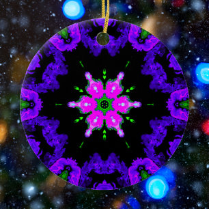 Ornamento De Cerâmica Psicodélica Flor Hippie Rosa Púrpura e Verde