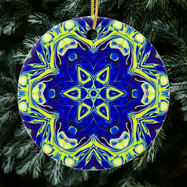 Ornamento De Cerâmica Psicodélico Flor de Mandala Azul e Amarelo (Criador carregado)
