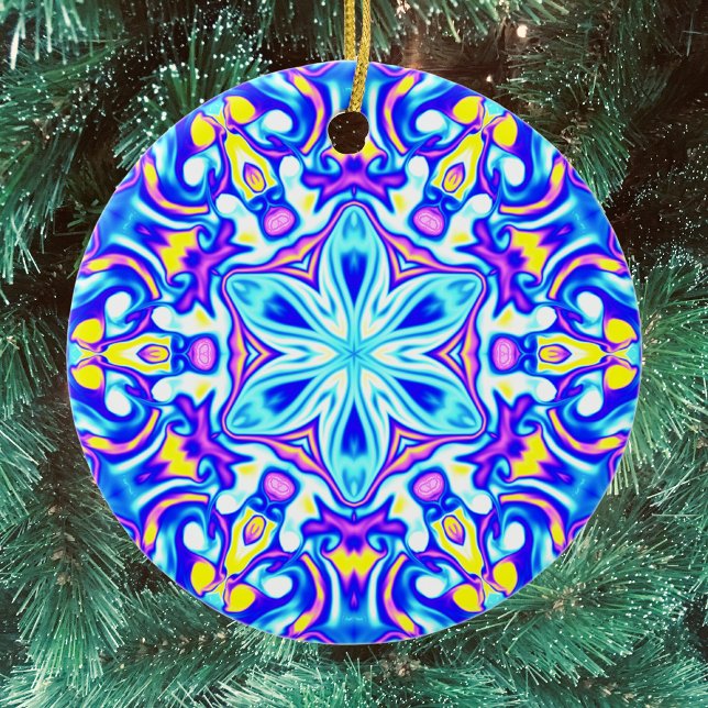 Ornamento De Cerâmica Psicodélico Mandala Flor Azul Roxo e Amarelo (Criador carregado)