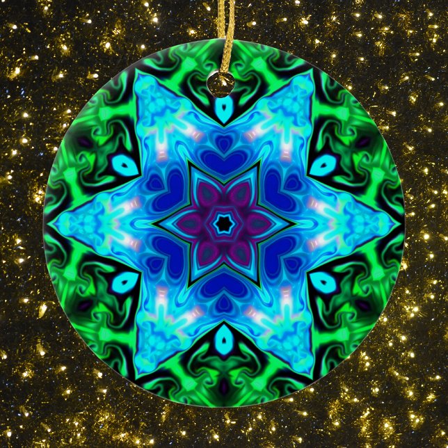 Ornamento De Cerâmica Psicodélico Mandala Flor Azul Roxo e Verde (Criador carregado)
