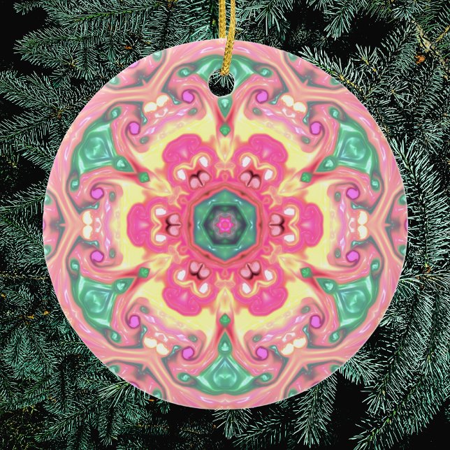 Ornamento De Cerâmica Psicodélico Mandala Flor Verde Rosa e Amarelo (Criador carregado)