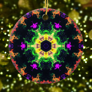 Ornamento De Cerâmica Psychedelic Mandala Flower Green Purple and Yellow