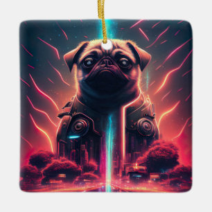Ornamento De Cerâmica Pug Adorável no Figurino Robô Futurístico