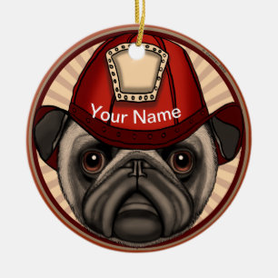 Ornamento De Cerâmica Pug Bombeiro 