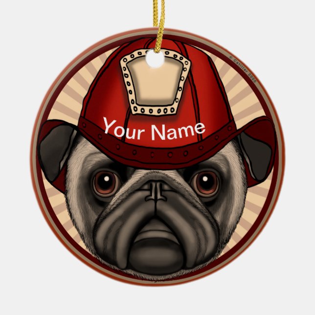 Ornamento De Cerâmica Pug Bombeiro  (Frente)