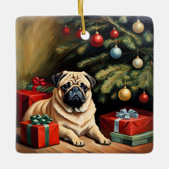 Ornamento De Cerâmica Pug celebra o Natal (Frente)