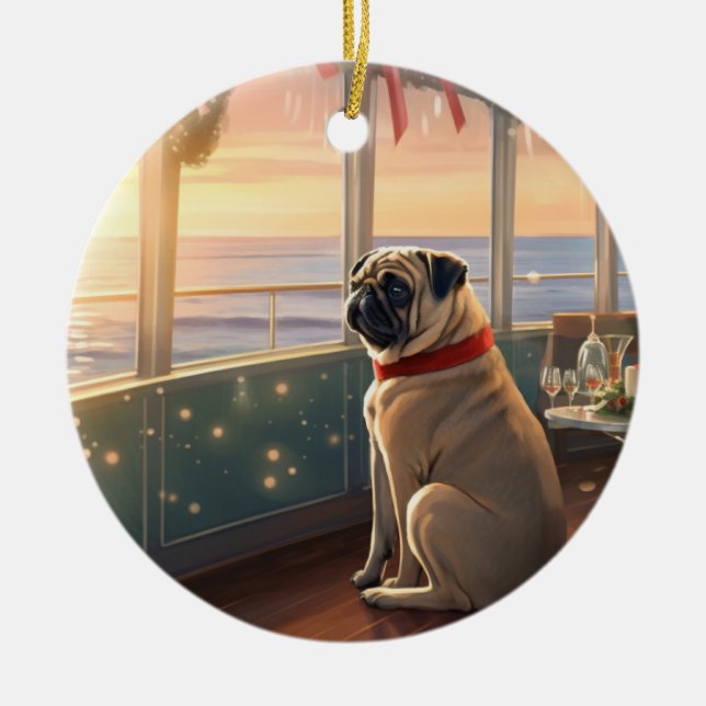 Ornamento De Cerâmica Pug Christmas Cruise: Delito de Férias Pawsome (Frente)