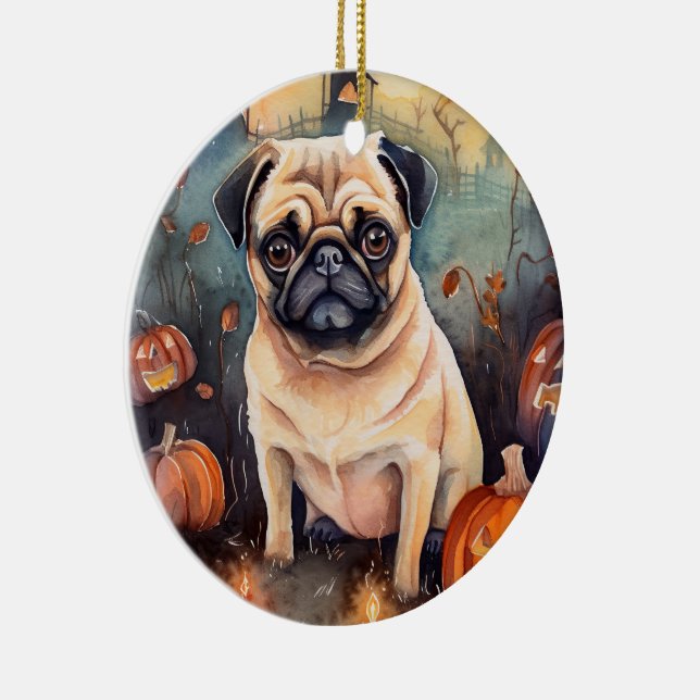 Ornamento De Cerâmica Pug De Halloween Com Pumpkins Assustado (Direito )