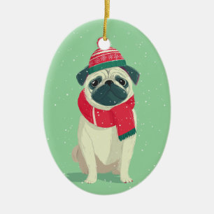 Ornamento De Cerâmica Pug de Natal de 1950