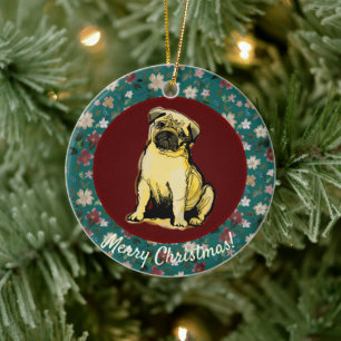 Ornamento De Cerâmica Pug de Natal floral