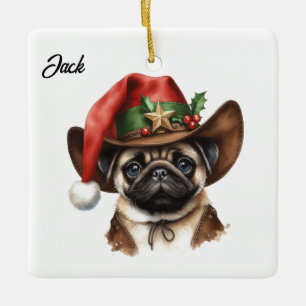 Ornamento De Cerâmica Pug de Natal Personalizado com Cowboy Santa Hat