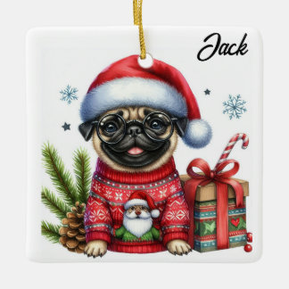 Ornamento De Cerâmica Pug de Suéter de Natal Feio Personalizado