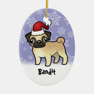 Ornamento De Cerâmica Pug do Natal (adicione seu nome de animais de