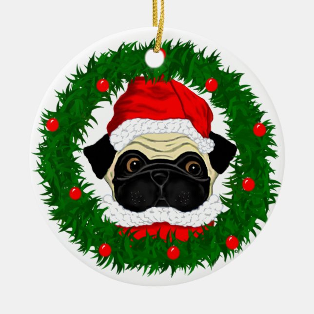 Ornamento De Cerâmica Pug do papai noel (Frente)