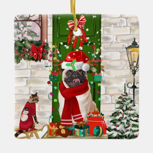 Ornamento De Cerâmica Pug Dog Christmas (Frente)