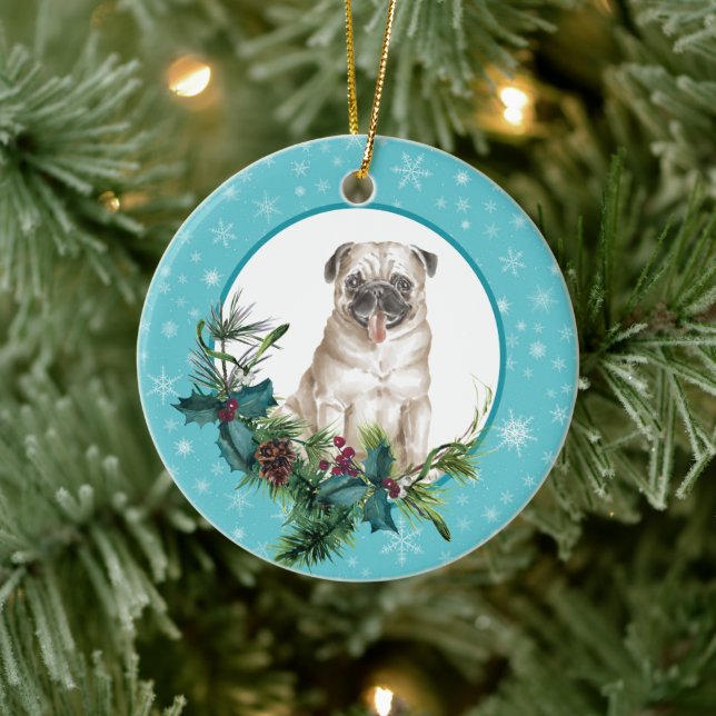 Ornamento De Cerâmica Pug Dog Snowflake Buquê Feriado Azul Quadro (Árvore)