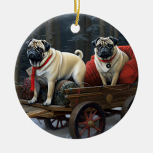 Ornamento De Cerâmica Pug Época Natalícia Festiva