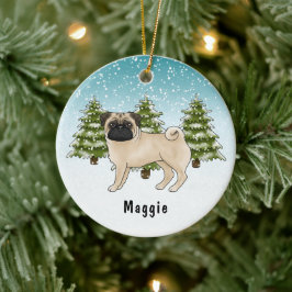 Ornamento De Cerâmica Pug Fawn Fofo Desenho Animado de Cachorro na Flore