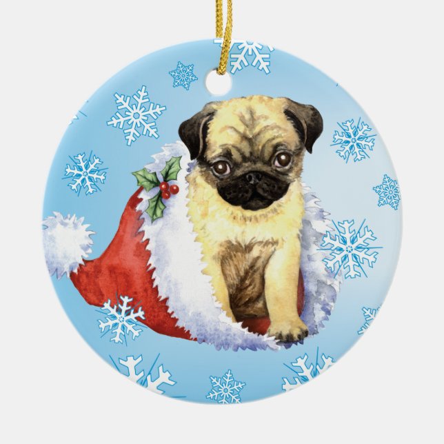 Ornamento De Cerâmica Pug feliz de Howlidays (Frente)