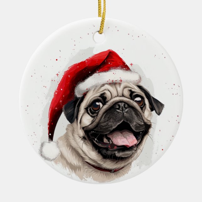 Ornamento De Cerâmica Pug Feliz Natal Personalizado (Frente)