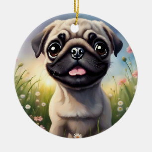 Ornamento De Cerâmica Pug Flowers