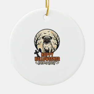 Ornamento De Cerâmica Pug Halloween Doces ou Travessuras Desenho de Grav