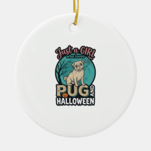 Ornamento De Cerâmica Pug Halloween Menina Design Vetorial Vintage_1