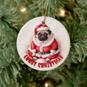 Ornamento De Cerâmica Pug Mal-Humorado Com Fantasia de Papai Noel - Nata