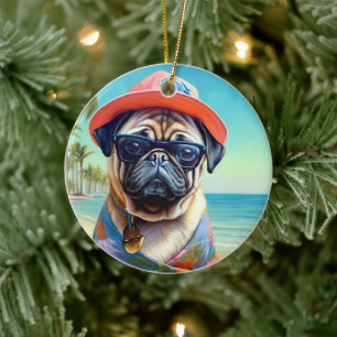 Ornamento De Cerâmica Pug na Praia, presente de verão para amantes de ca