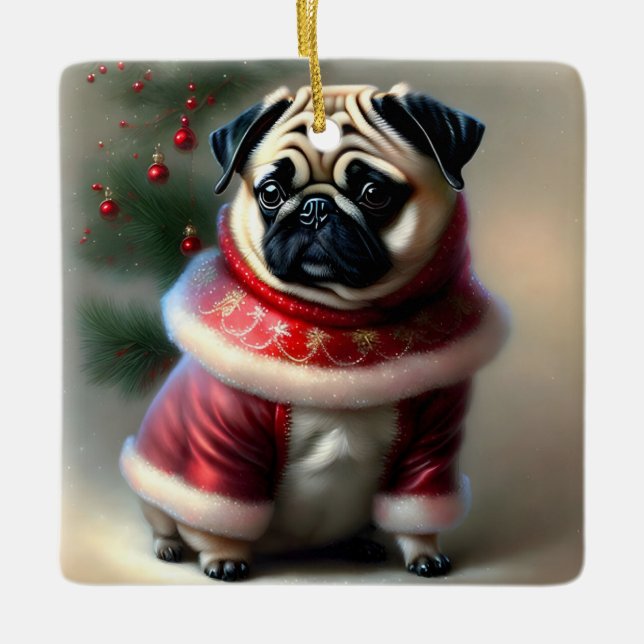 Ornamento De Cerâmica Pug Natal (Frente)
