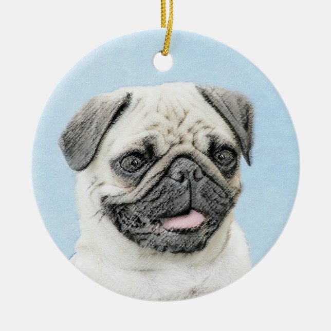 Ornamento De Cerâmica Pug Painting - Cute Original Dog Art (Frente)