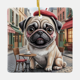 Ornamento De Cerâmica Pug Parisiense em Café na Calçada